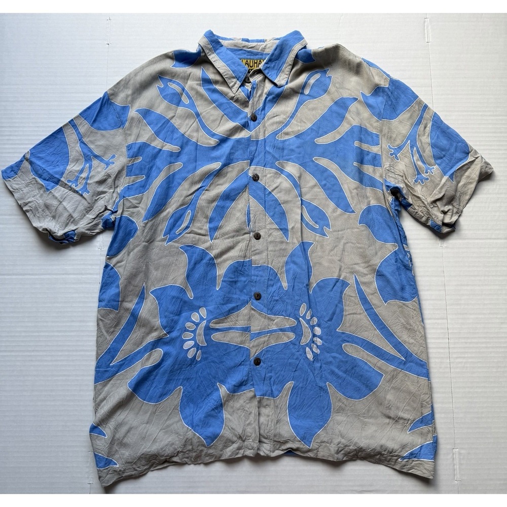 Lauhala Men's Hawaiian Shirt Short Sleeve Button Up Blue And Grey Large